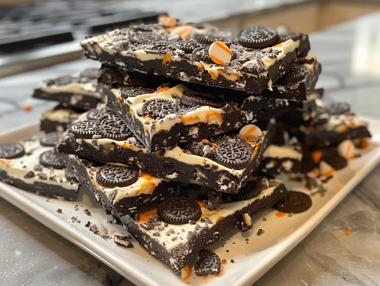 Close up of festive Halloween Oreo Bark