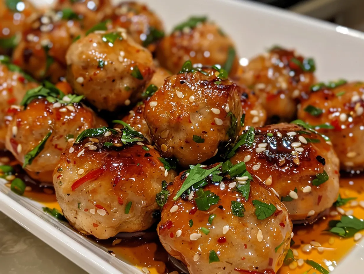 A close-up shot of Sesame Ginger Chicken Meatballs with Sweet Chili Glaze, garnished with sesame seeds and scallions, showcasing their glossy glaze and appetizing texture.
