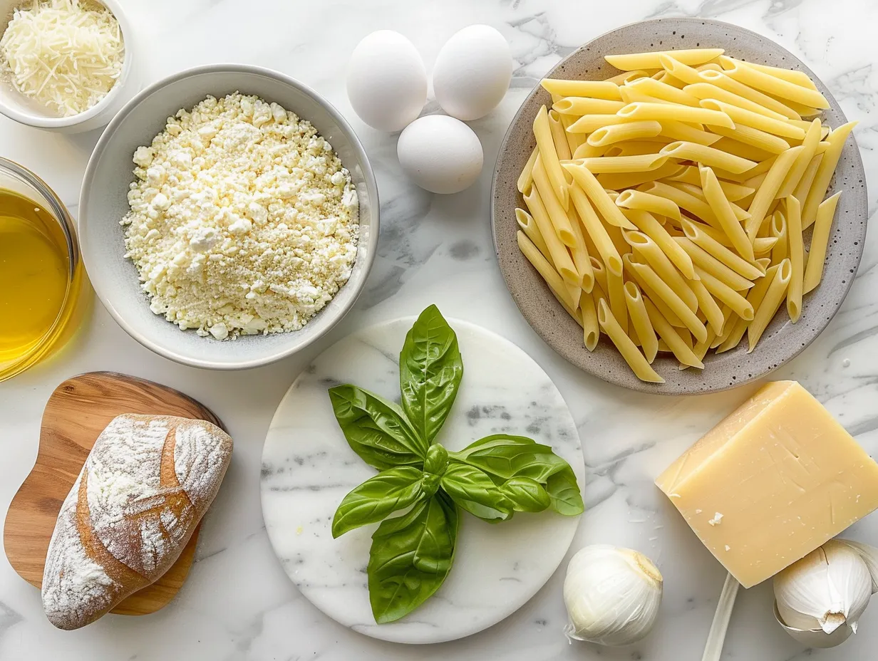 Ingredients for making creamy pasta soup including pasta, vegetables, broth, and seasonings