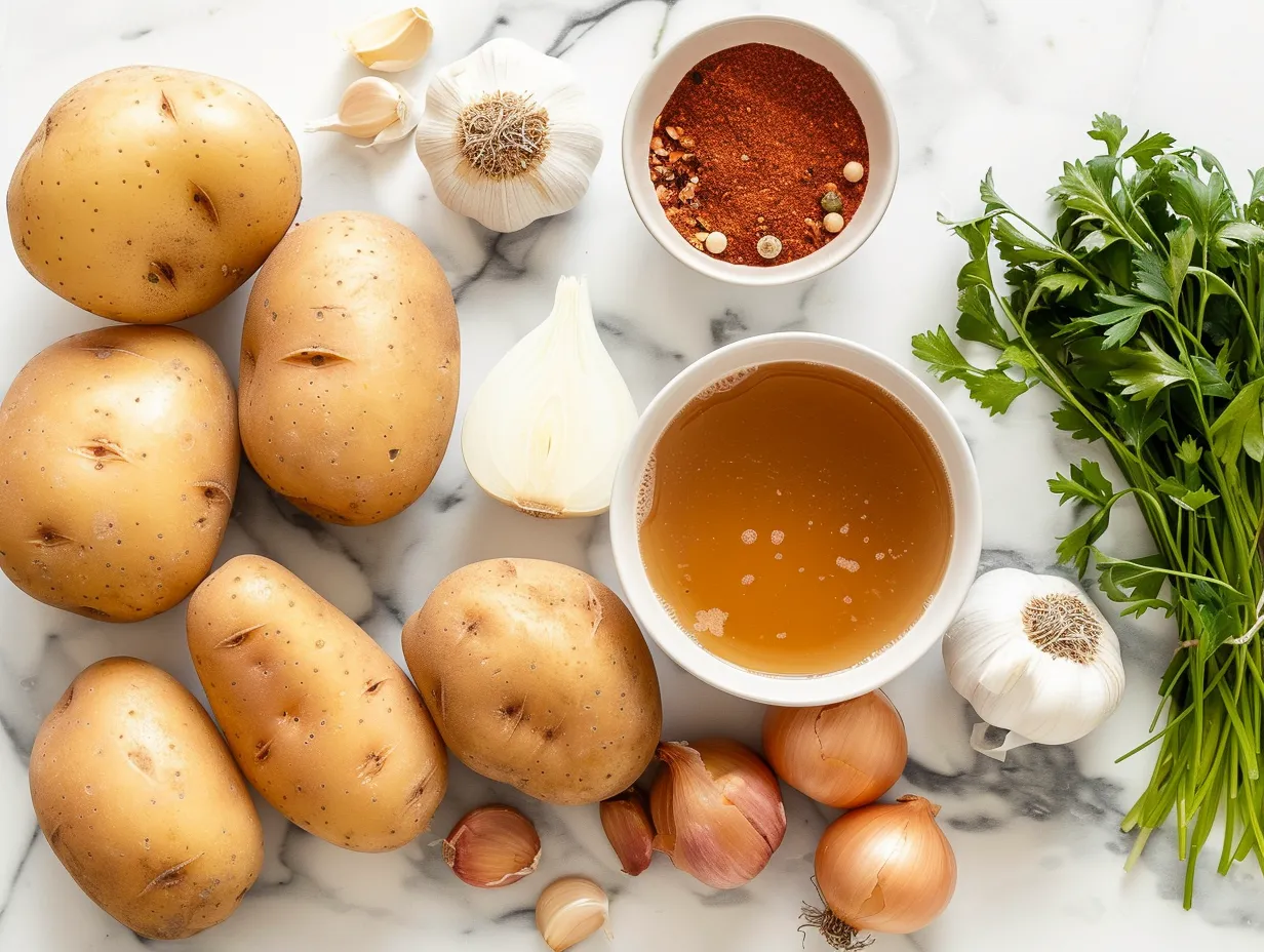 Ingredients for making Crockpot Potato Soup laid out on a kitchen counter