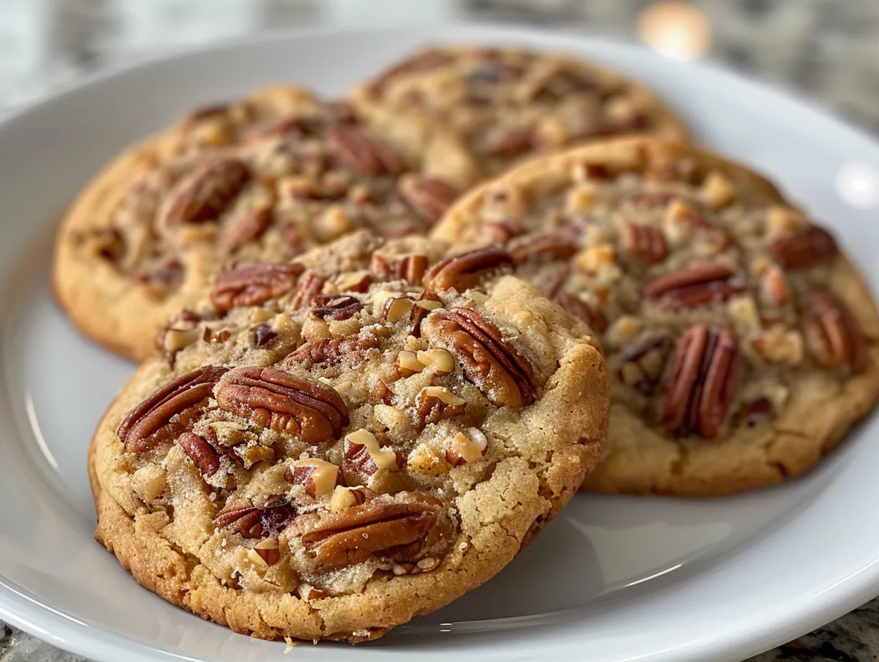 A display of freshly baked Crumbl pecan pie cookies with a golden crust and pecan filling.