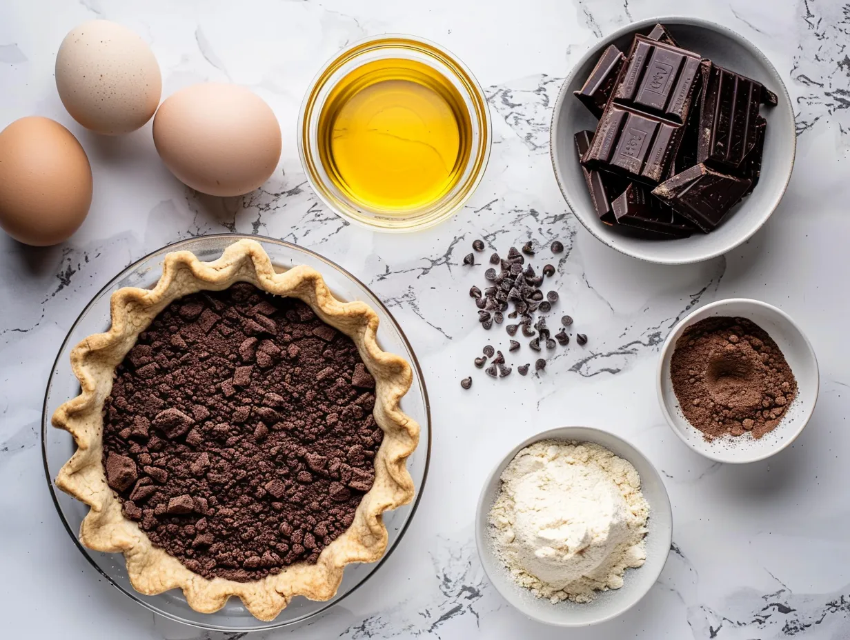 Ingredients for Dark Chocolate Chess Pie including pie crust, sugar, butter, eggs, cocoa powder, flour, salt, vanilla extract, and dark chocolate