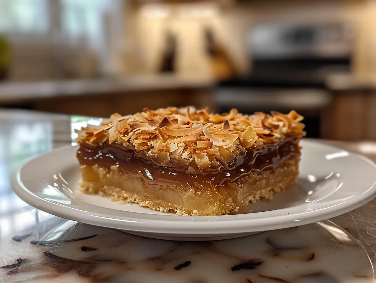 Delicious Samoa Caramel Apple Slices with caramel, chocolate, and coconut shavings.