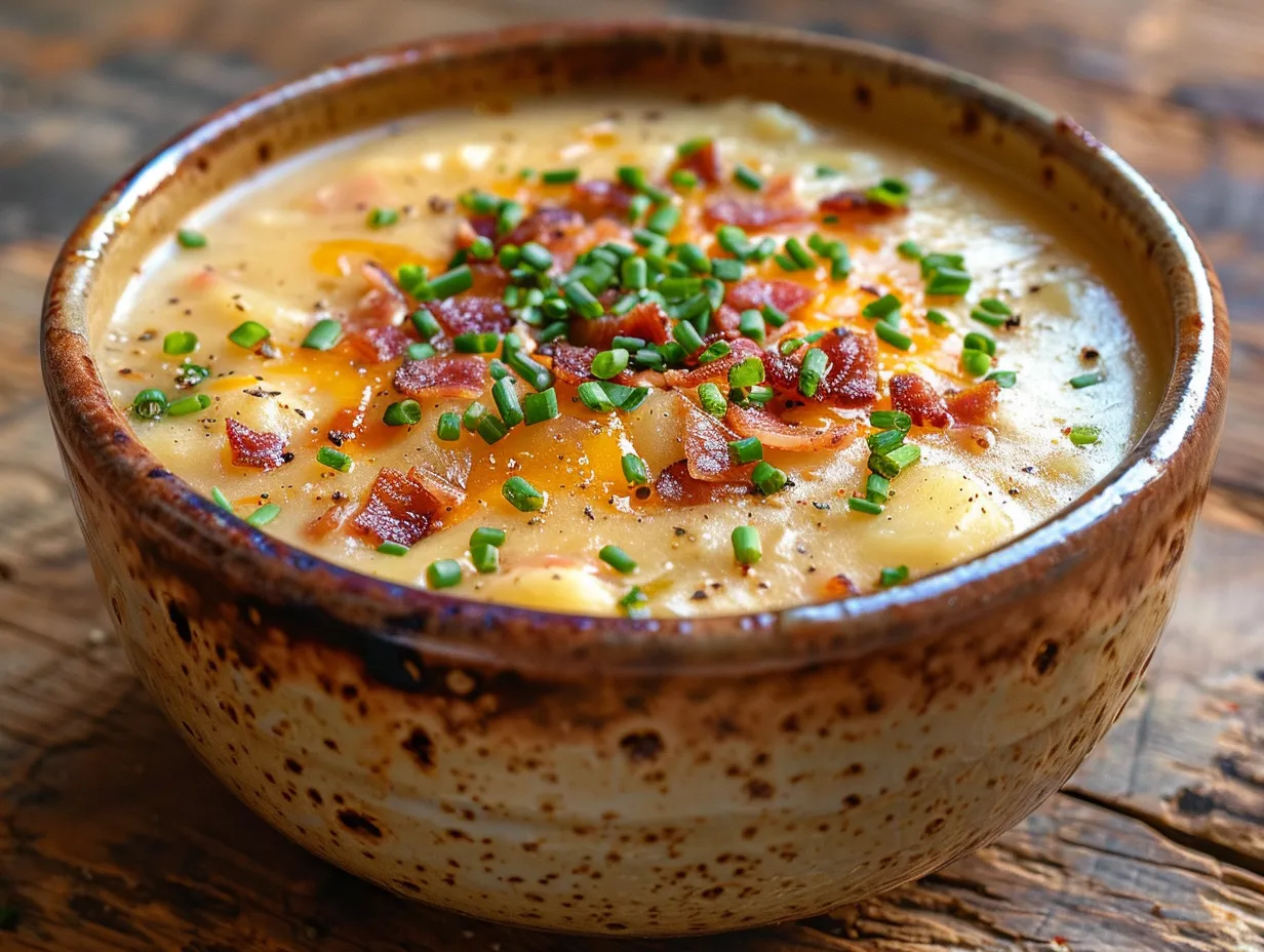 Delicious bowl of Loaded Baked Potato Soup with toppings