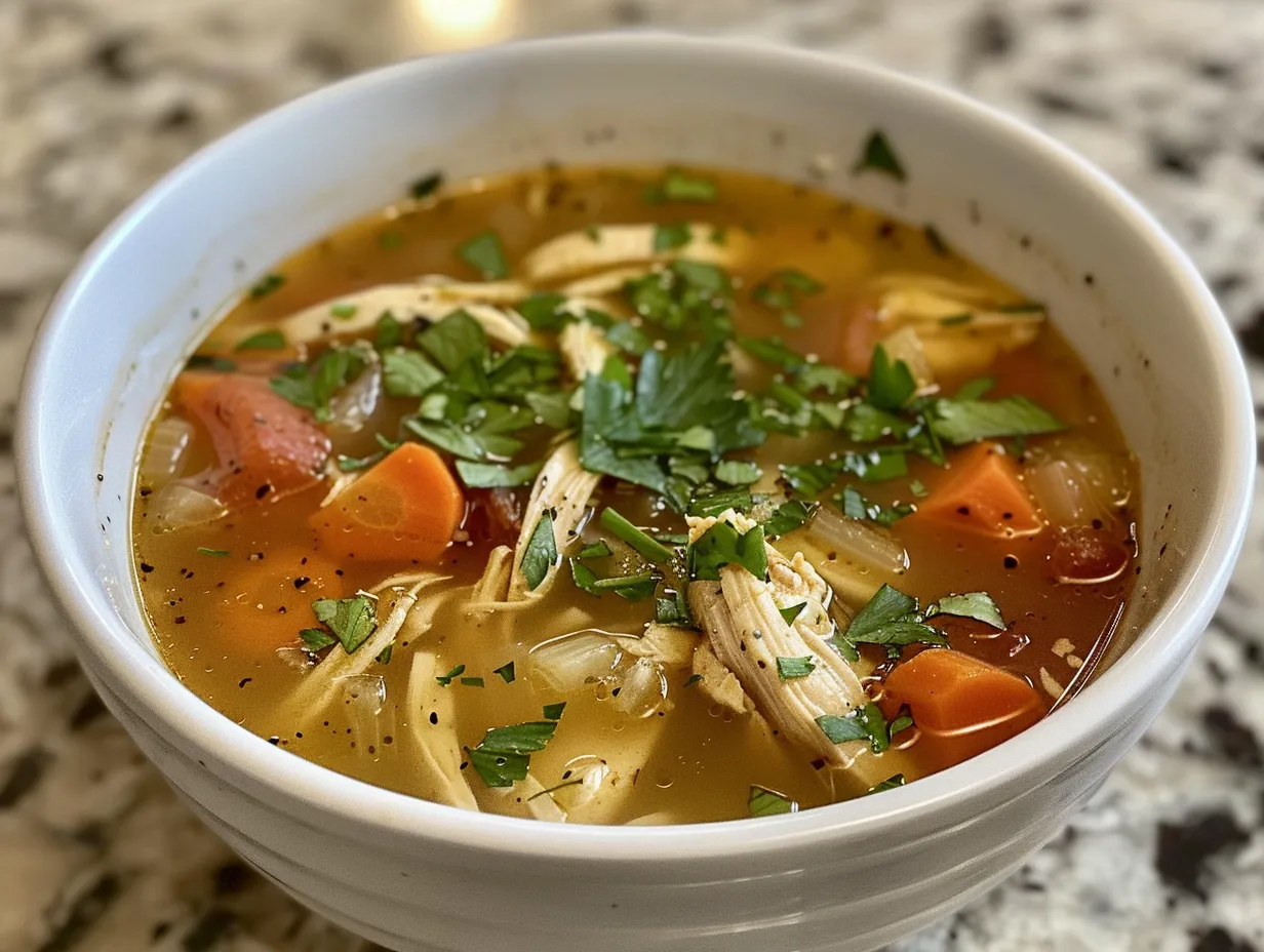 A delicious bowl of creamy Marry Me Chicken Soup garnished with fresh basil.