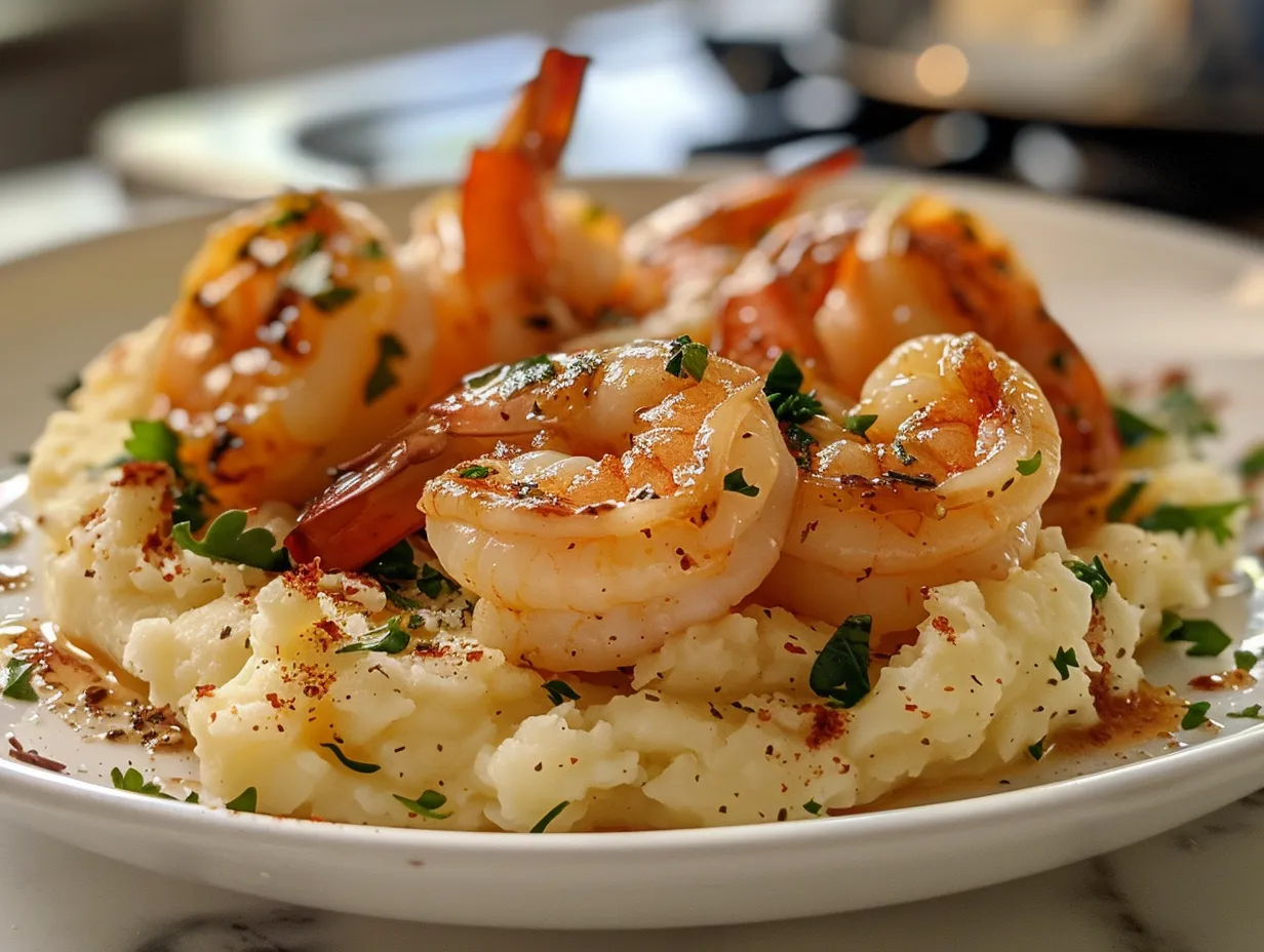 Creamy garlic shrimp served over a bed of mashed potatoes in a white bowl.