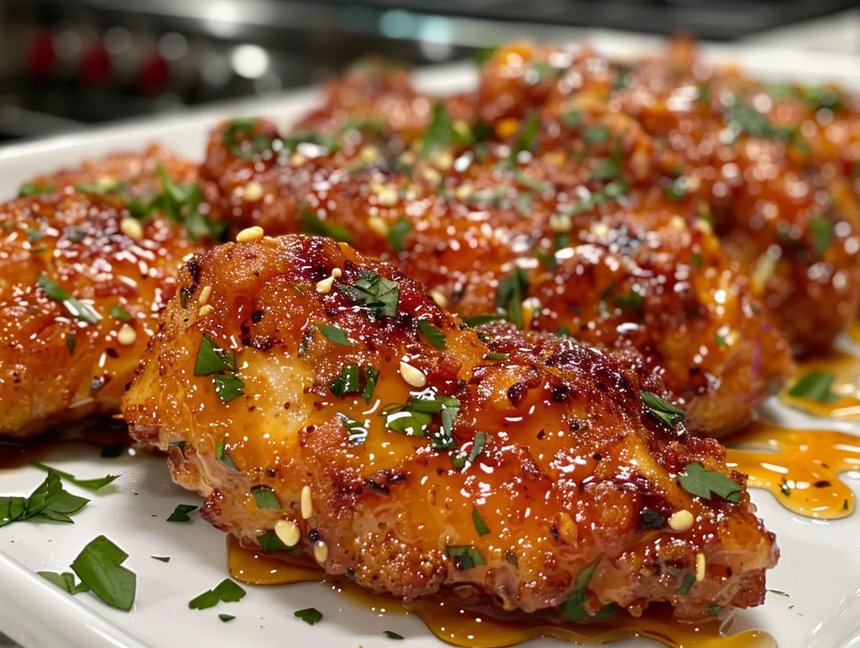 Delicious Crispy Feta Chicken with Hot Honey Drizzle garnished with fresh parsley.