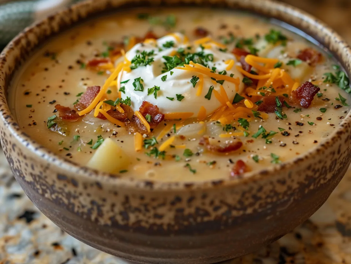 A bowl of creamy and delicious Crockpot Potato Soup topped with bacon and chives.
