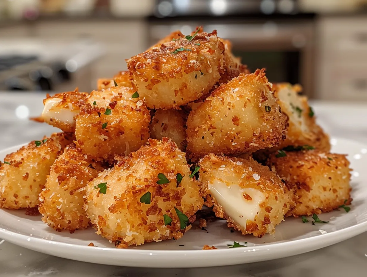 Golden and delicious fried brie bites drizzled with honey, arranged artfully on a rustic wooden board.