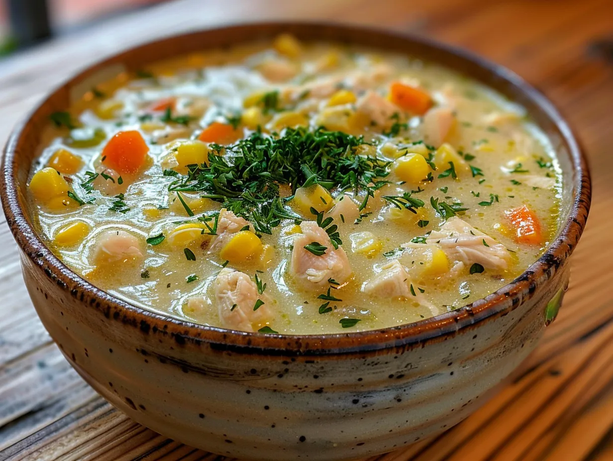 A bowl of Chicken Corn Chowder garnished with parsley, showcasing its creamy texture and inviting appearance.