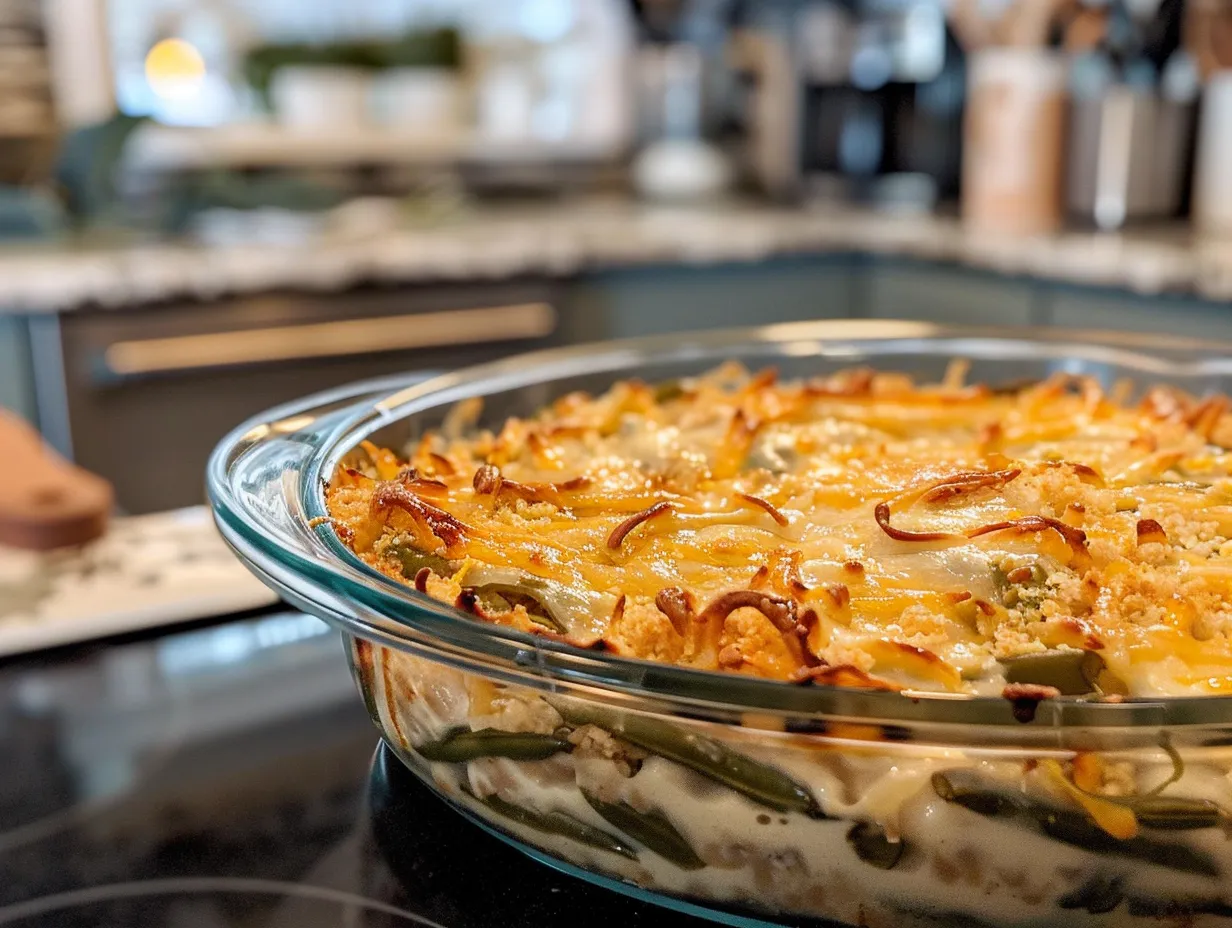 Finished Cheesy Green Bean Casserole with melted cheese and crispy fried onions on top.