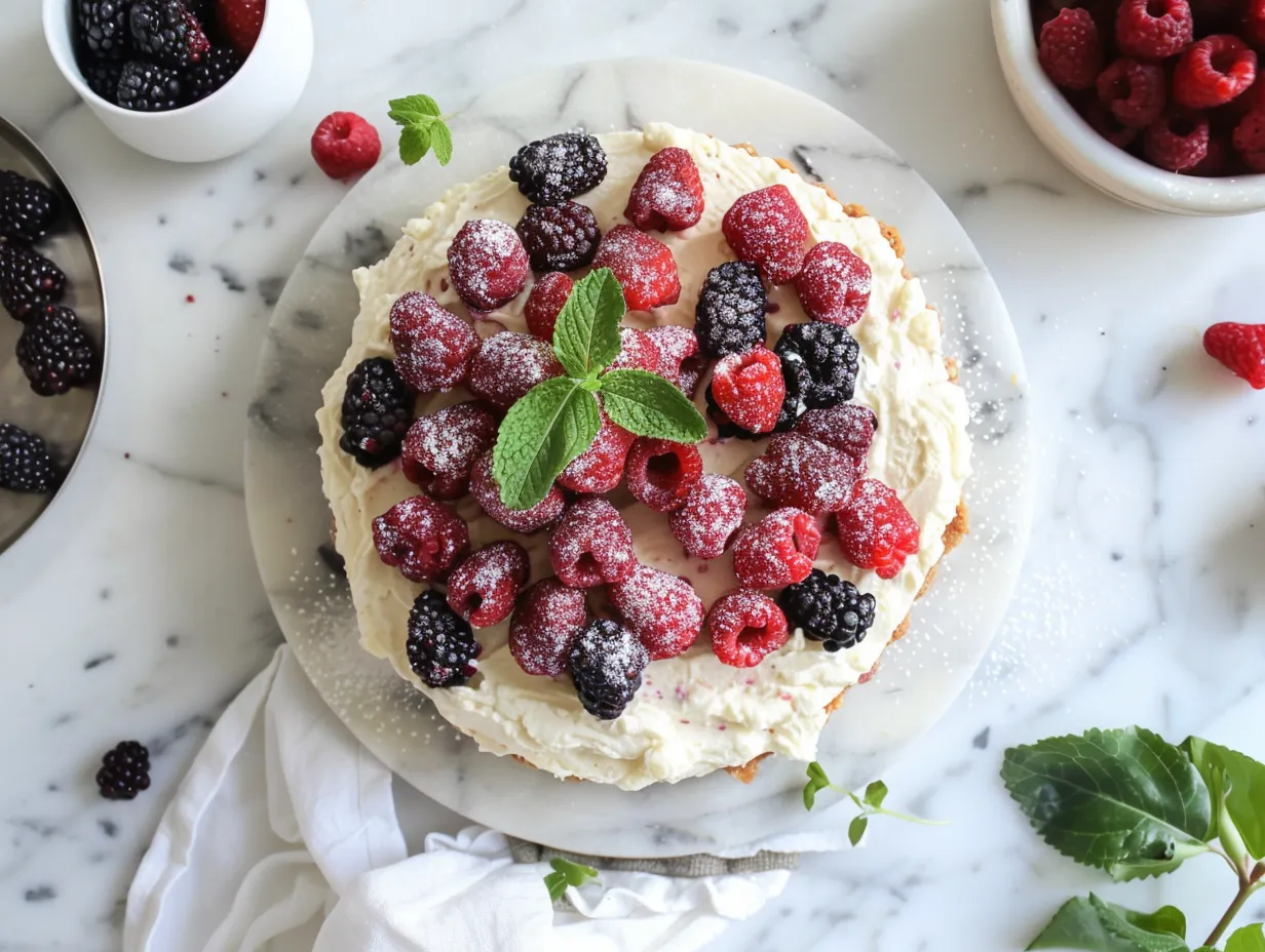 Ingredients for fresh berry cheesecake on a kitchen counter