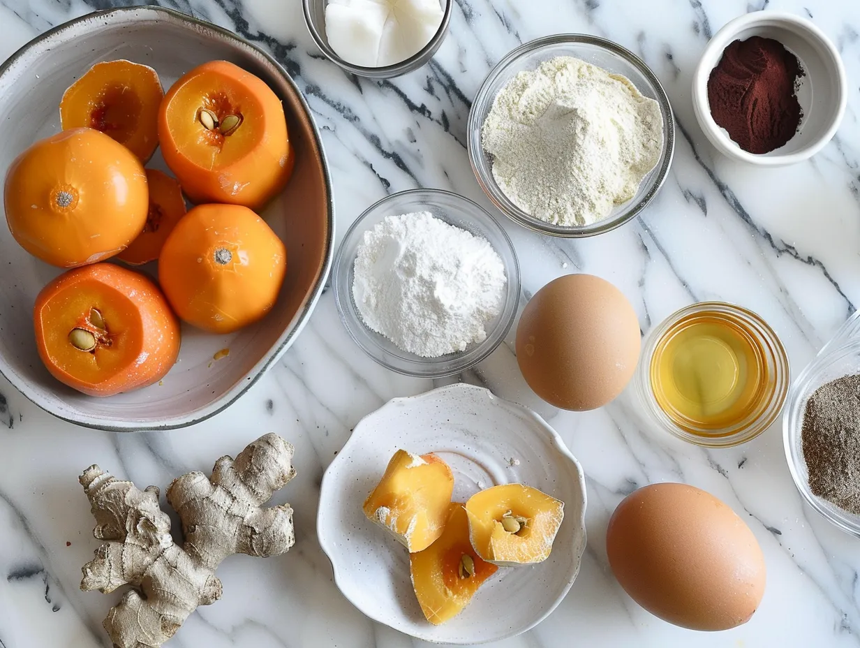 Fresh ingredients for making ginger persimmon bread, including persimmons, flour, spices, and butter.