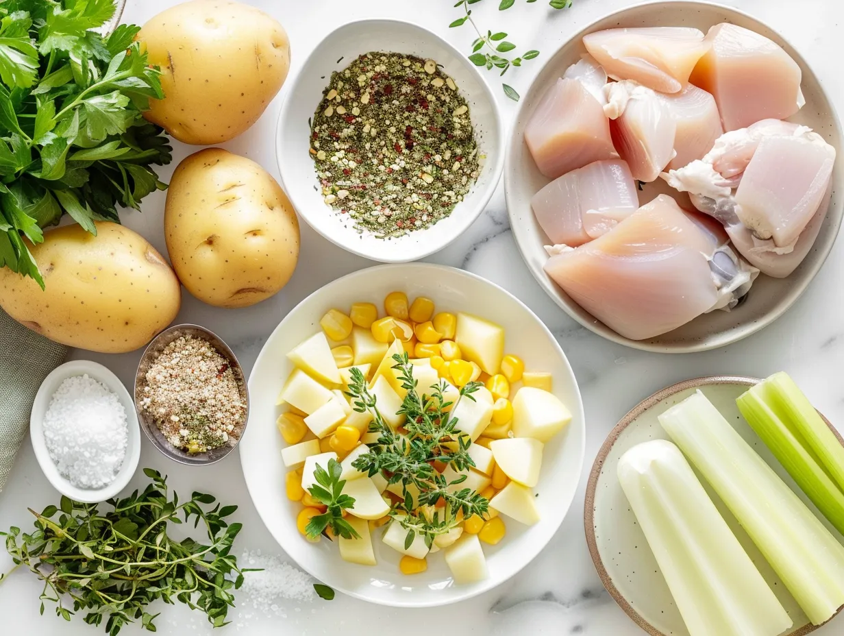 Fresh ingredients including corn, chicken, and vegetables, ready to be used for making a delicious Chicken Corn Chowder.