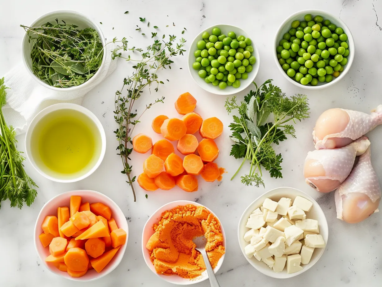 Fresh ingredients for homemade Chicken Pot Pie Soup, including carrots, celery, onion, herbs, and chicken broth, laid out on a wooden countertop.