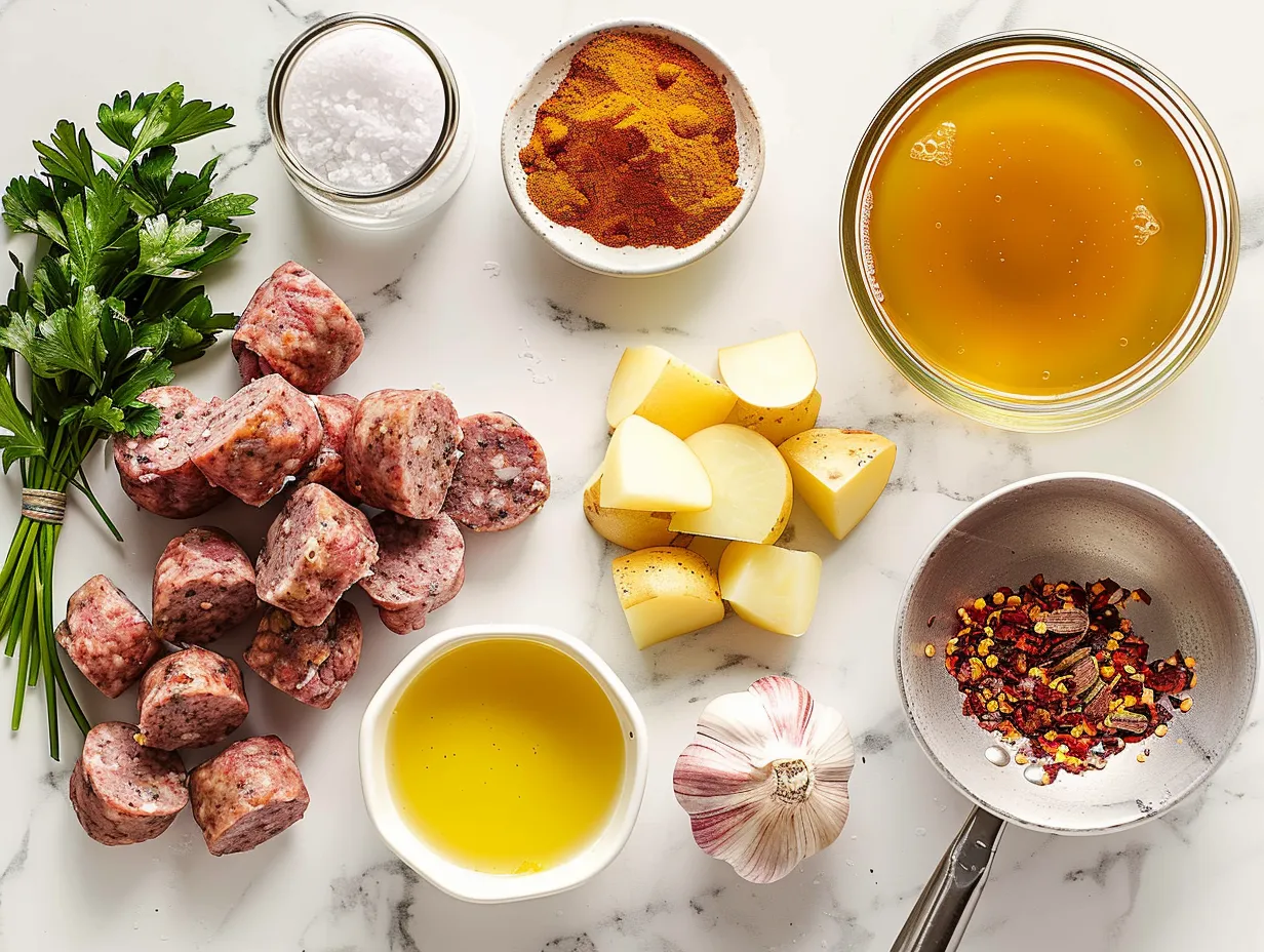 Fresh ingredients including Italian sausage, Yukon gold potatoes, onion, garlic, and herbs for making Italian Sausage and Potato Soup.