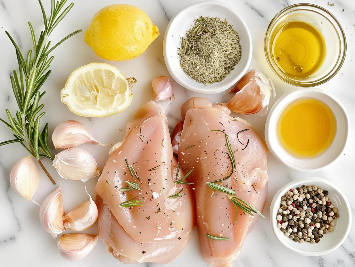 Fresh ingredients for preparing Rosemary Dijon Chicken, including rosemary, garlic, lemon, and dijon mustard.