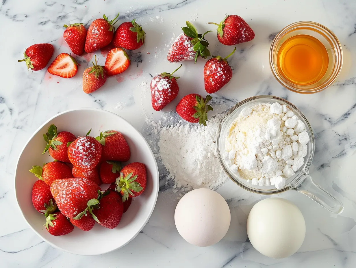 Fresh ingredients for a delightful Strawberry Shortcake Cake Recipe, including strawberries, flour, sugar, and butter.