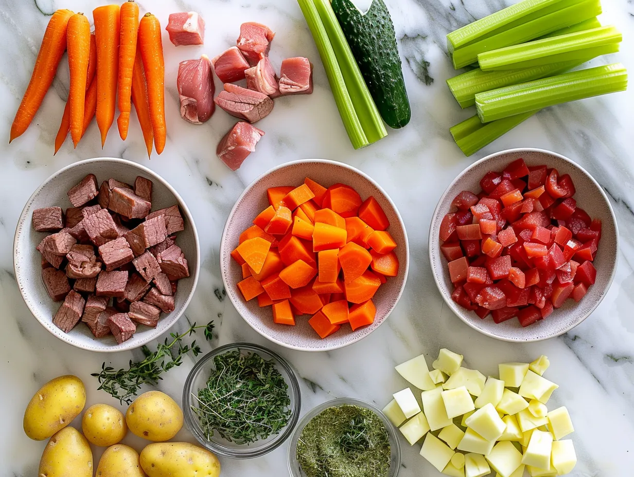 Fresh ingredients for making delicious vegetable beef soup