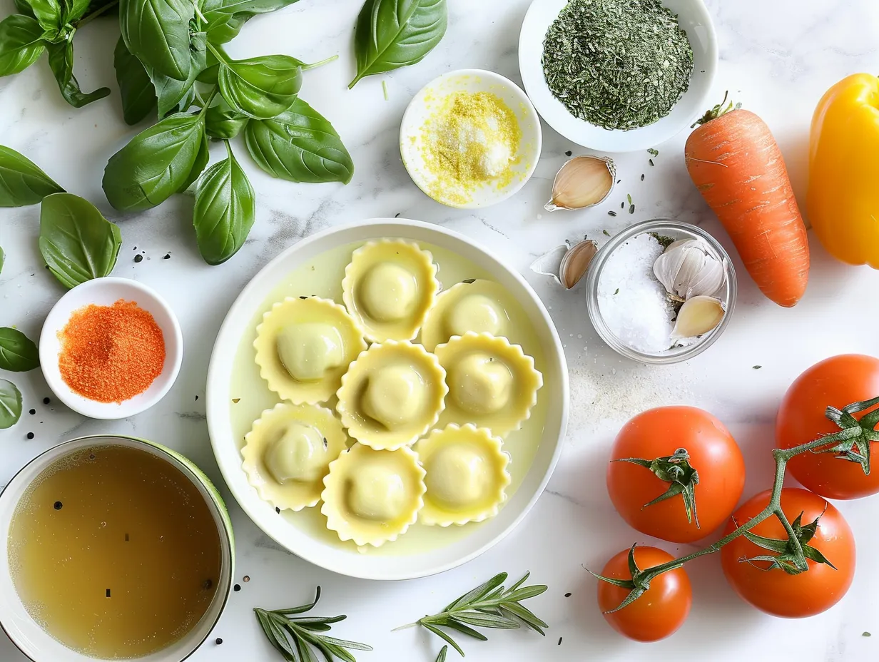 Fresh ravioli soup ingredients arranged on a marble surface, including ravioli, spinach, tomatoes, and herbs.