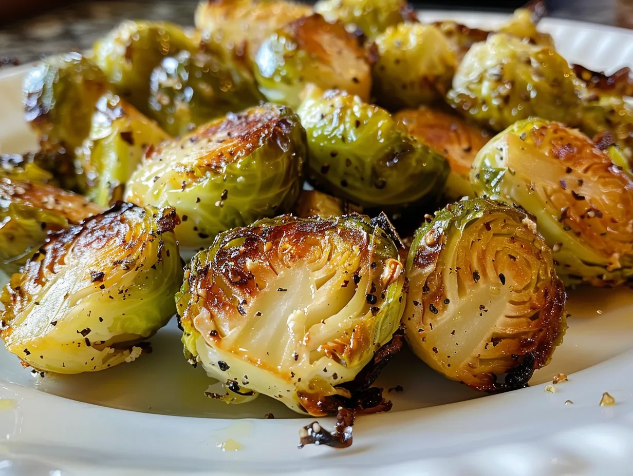 Golden Brown Roasted Brussel Sprouts on a Rustic Plate