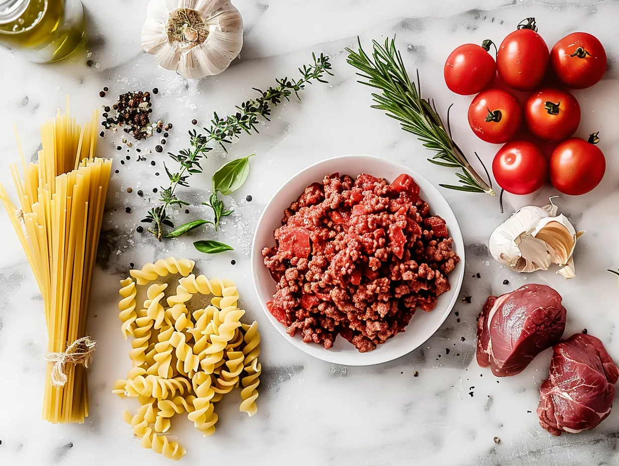 Ingredients for Ground Beef Pasta including ground beef, pasta, diced tomatoes, and spices.