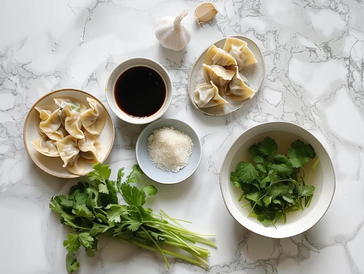 Ingredients for Gyoza Soup including gyoza, chicken broth, vegetables and spices