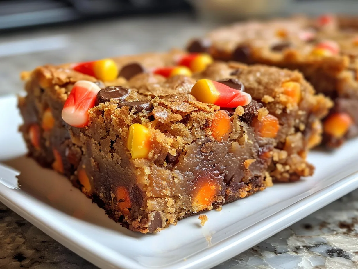 Delicious Halloween Blondies with candy corn topping ready to be enjoyed.
