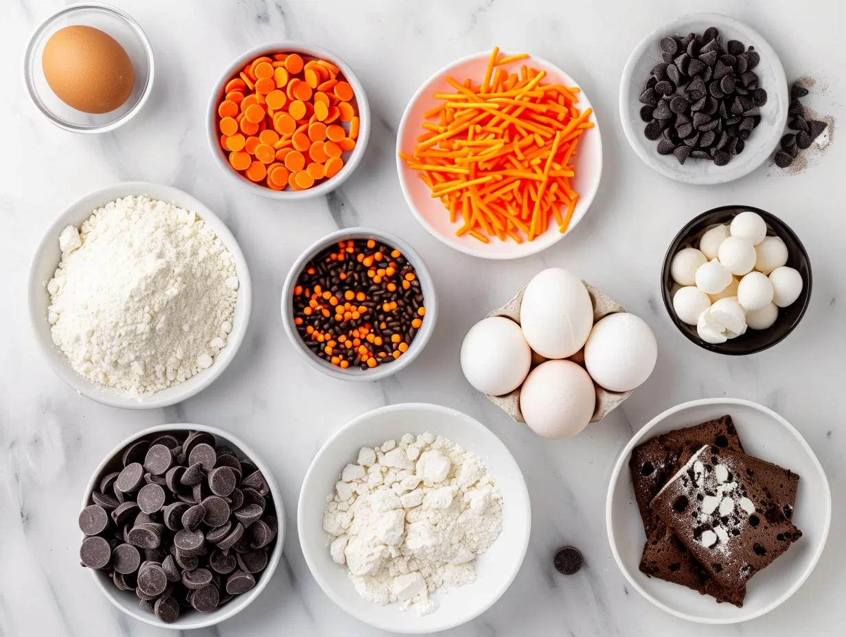 All the ingredients needed to make a delicious Halloween Cookie Cake, including butter, sugar, flour, eggs, and chocolate chips.