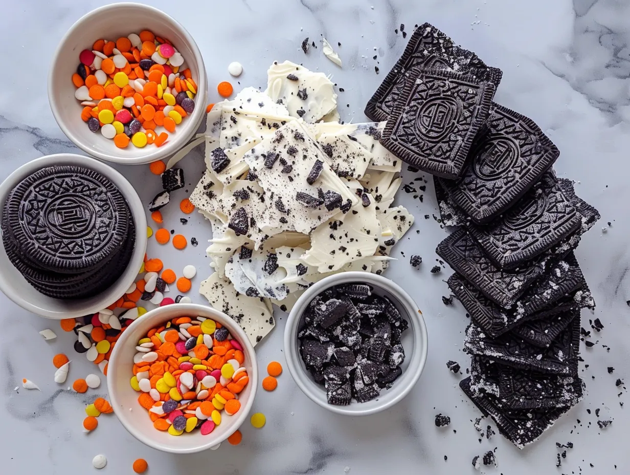 Ingredients for Halloween Oreo Bark including chocolate, Oreos, and sprinkles