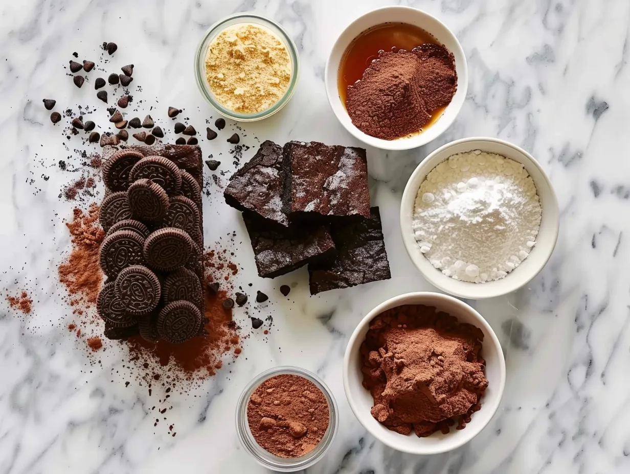 Ingredients for Halloween Oreo Brownie Bars including brownie mix, Halloween Oreos, butter, sugar, cocoa powder, vanilla extract, salt, and sprinkles