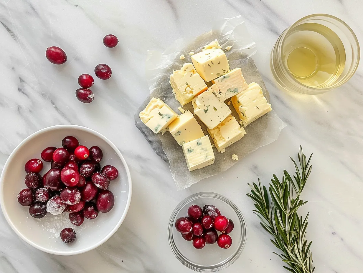 Ingredients for making air fryer cranberry brie bites, including phyllo dough, brie cheese, cranberry sauce, butter, and honey.