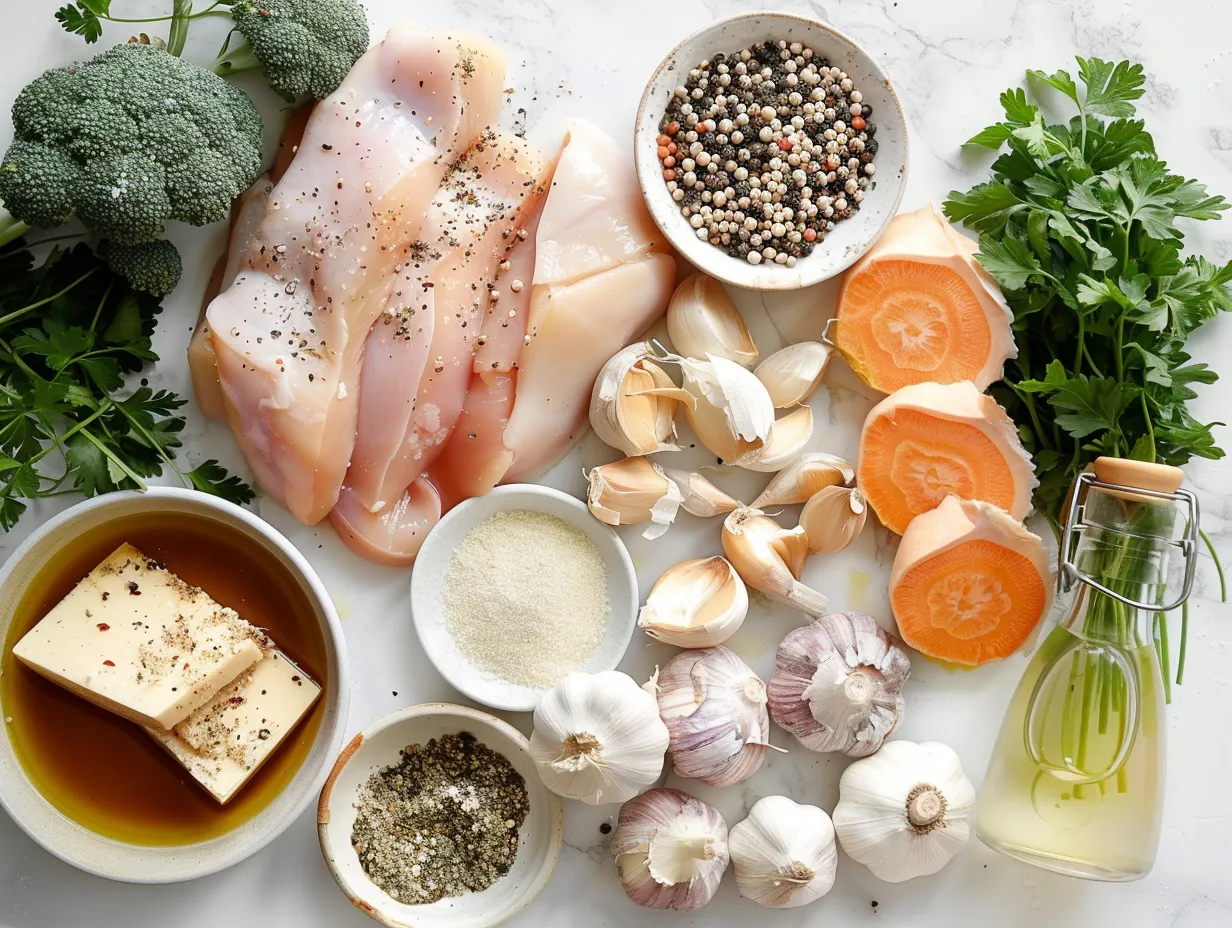 Ingredients for making Chicken Cordon Bleu Soup including chicken, ham, cheese, and vegetables on a wooden cutting board