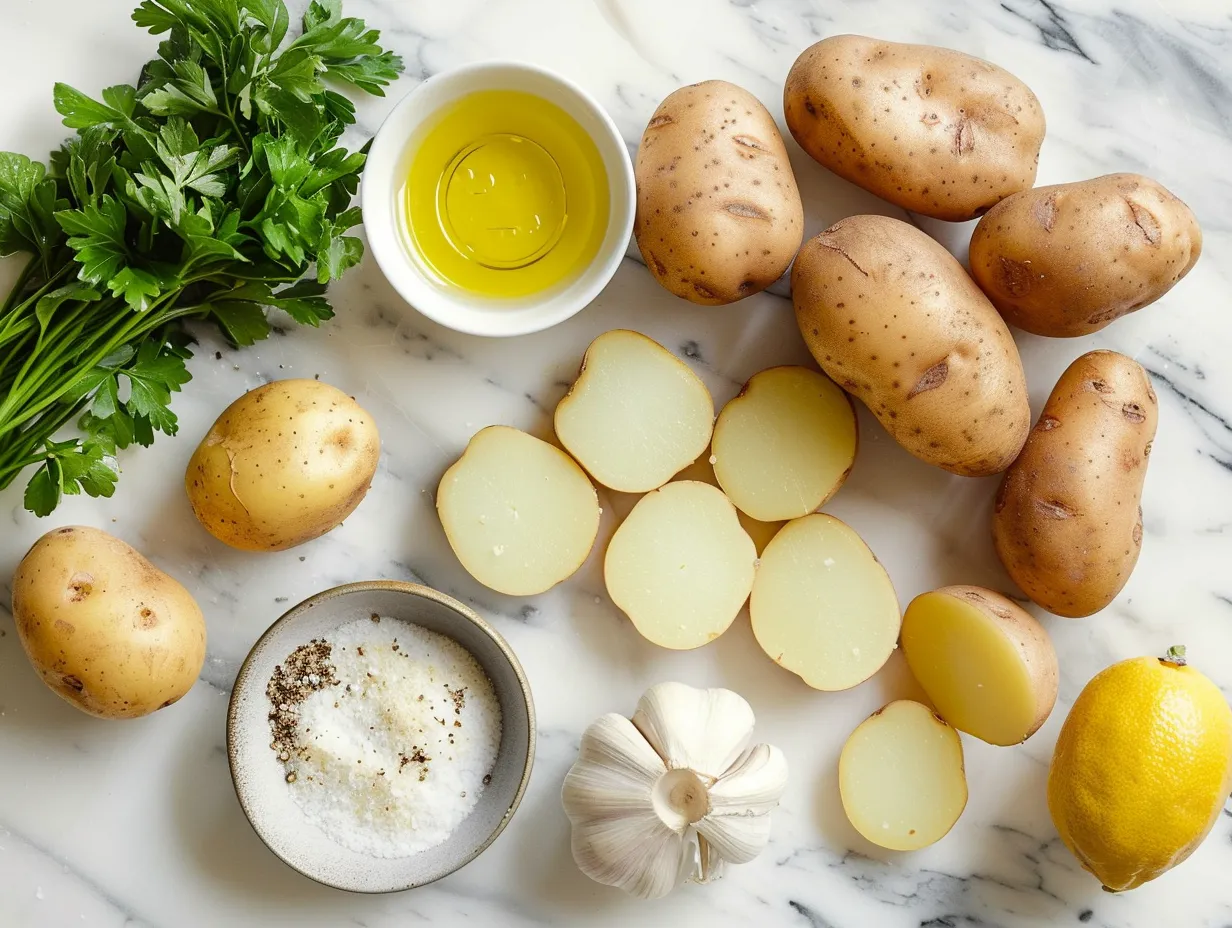 Ingredients needed to make Copycat Panera Potato Soup Recipe including potatoes, onion, chicken broth, cream, sour cream, butter, flour, and seasonings
