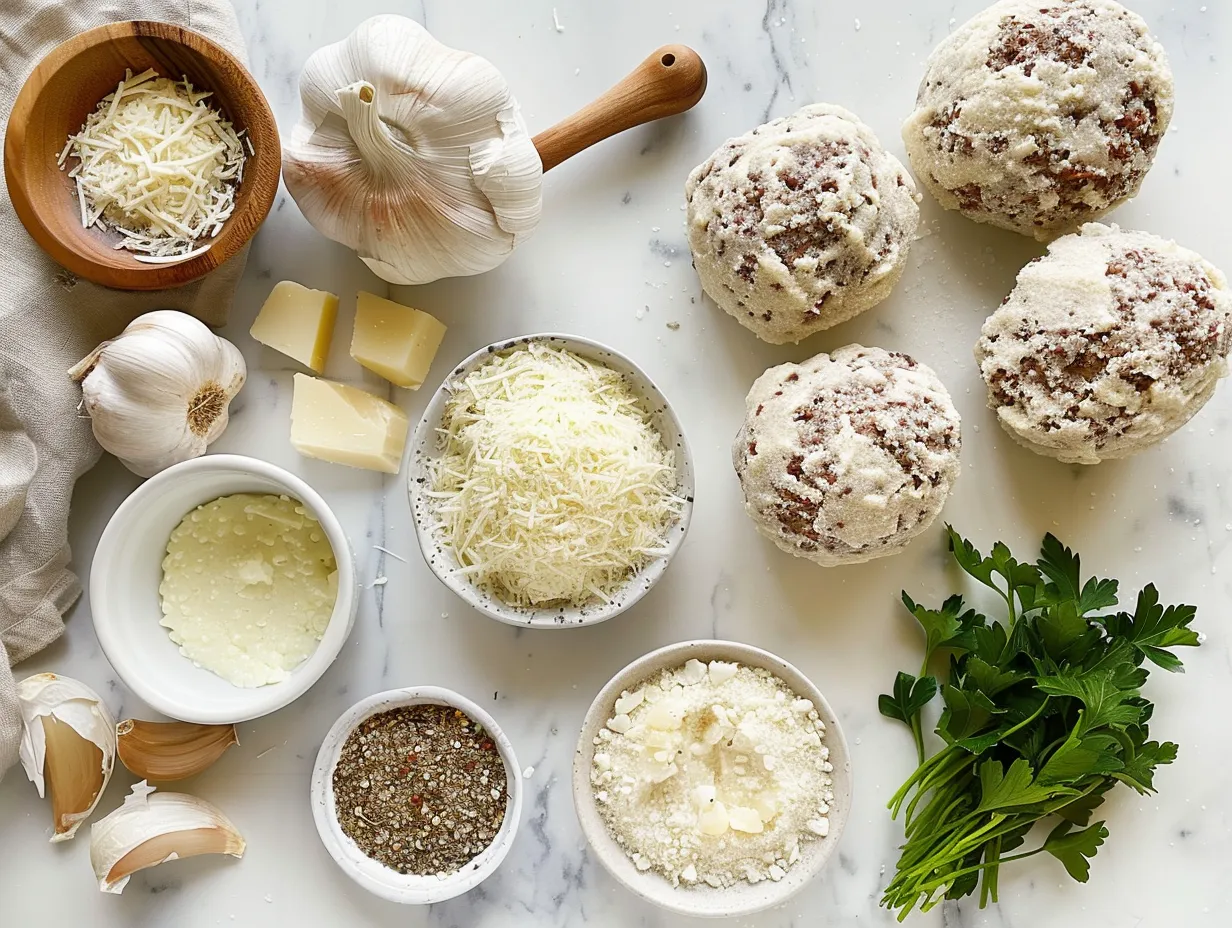 Ingredients for making garlic parmesan cheeseburger bombs, including ground beef, parmesan, garlic, spices, biscuit dough, and cheddar cheese.