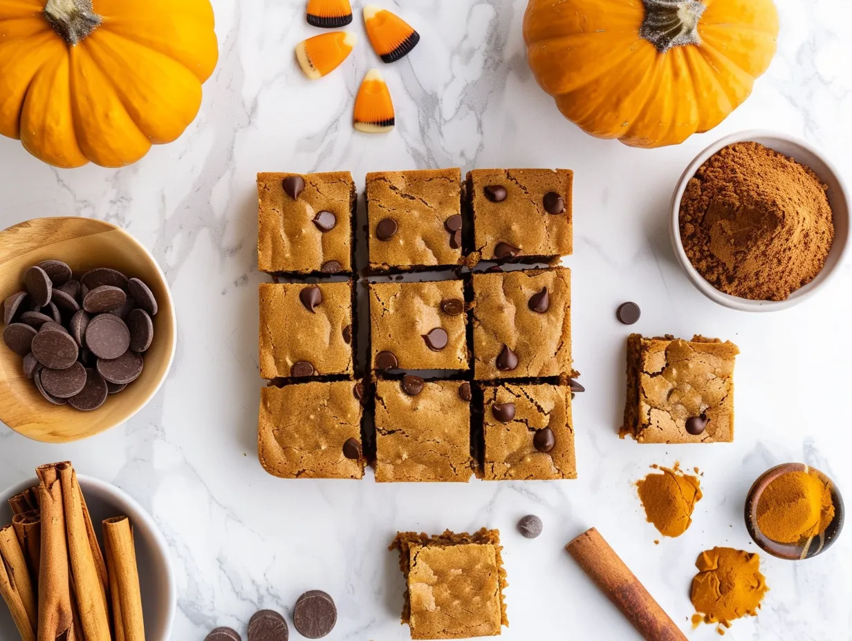 Ingredients for making delicious Halloween Blondies including butter, sugar, eggs, vanilla, flour, baking powder, salt, Halloween candy, and white chocolate chips.