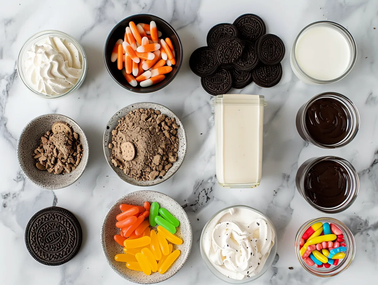 Ingredients needed to make Halloween Oreo Dirt Cake