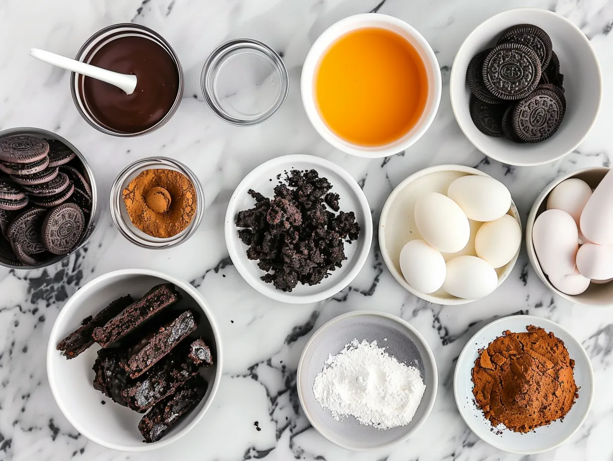 Ingredients for making Halloween Swirl Oreo Cream Cheese Brownies including cocoa powder, sugar, butter, Oreos, and cream cheese