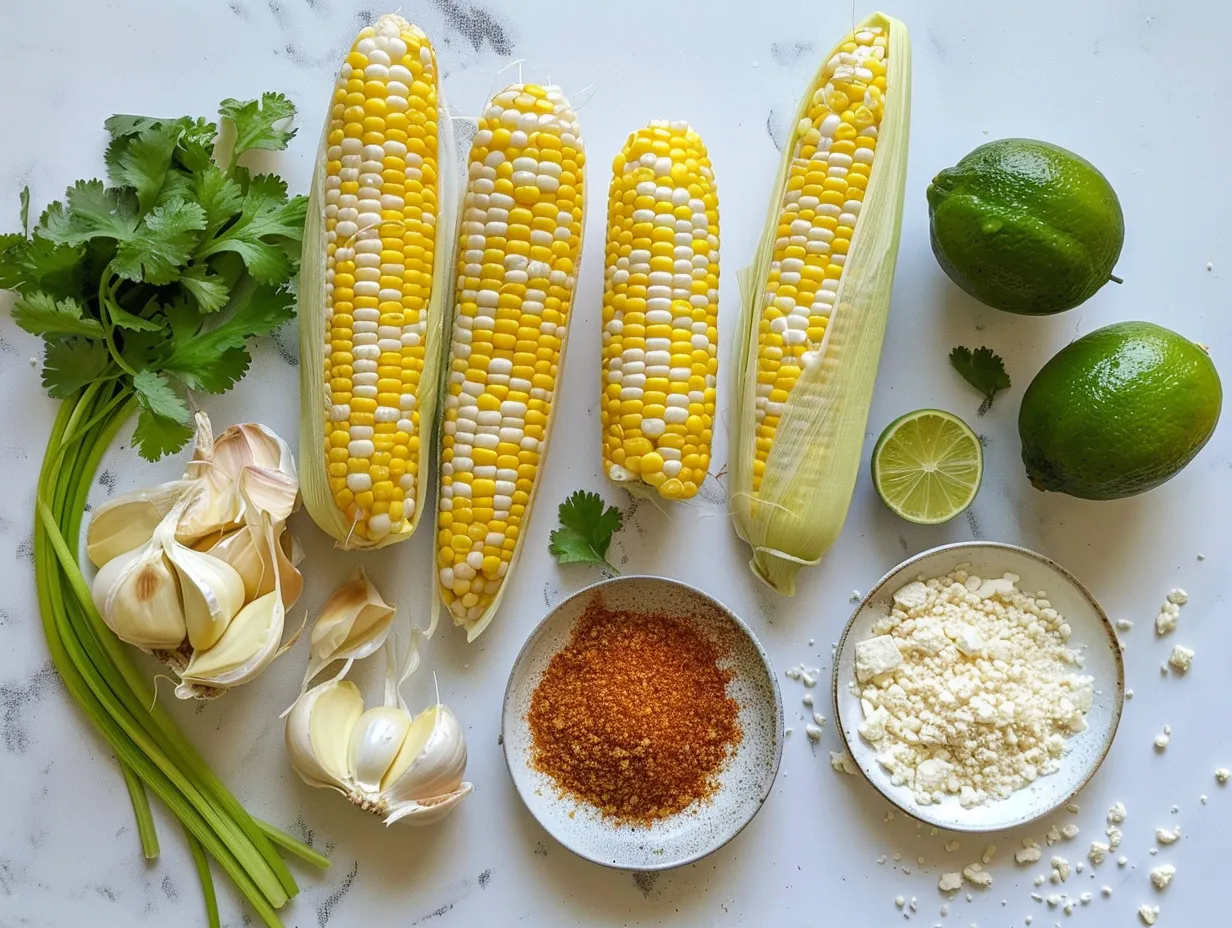 Ingredients for making Mexican Street Corn Soup including corn on the cob, cilantro, lime, and spices