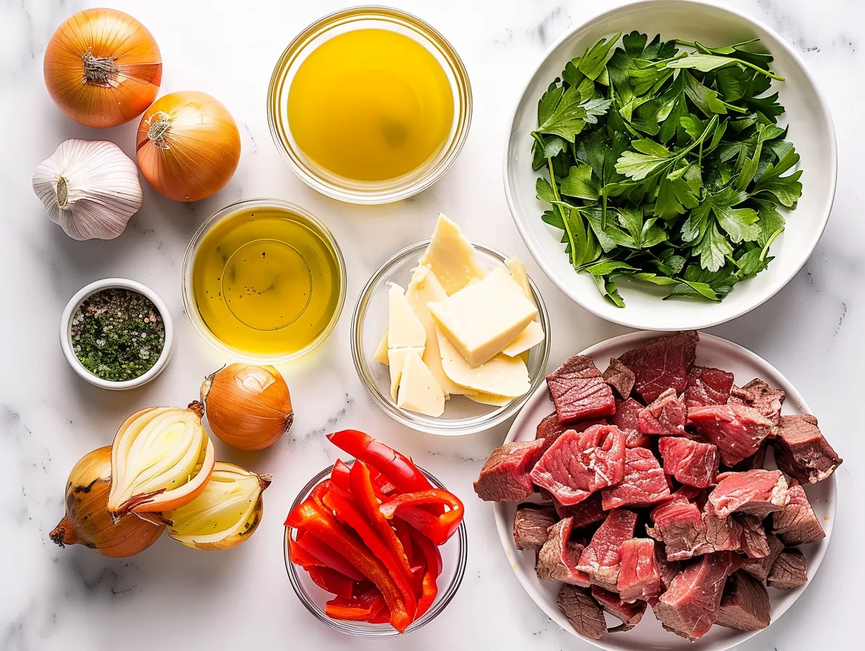 Ingredients for making Philly Cheesesteak Soup including sirloin steak, onions, peppers, garlic, beef broth, and spices.