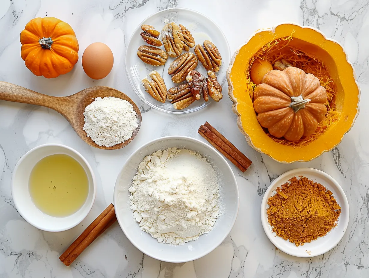Ingredients for pumpkin dump cake: pumpkin puree, evaporated milk, eggs, sugar, pumpkin pie spice, cake mix, and melted butter laid out on a marble surface.