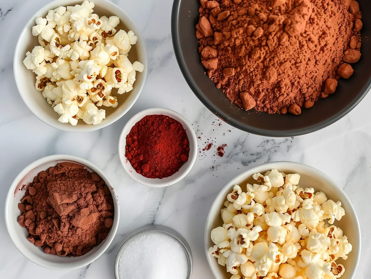 Ingredients for Bloody Red Velvet Popcorn, including popcorn, sugar, corn syrup, butter, food coloring, vanilla, salt, white chocolate chips and candy melts