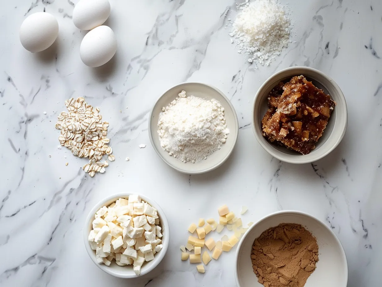 Ingredients for making salted caramel apple crumble bars: apples, flour, butter, sugar, oats, spices, and salt.