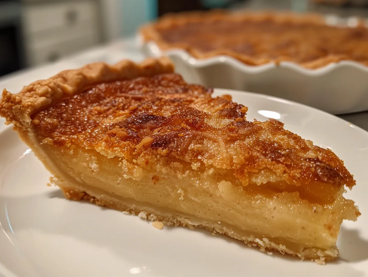 Kentucky Sawdust Pie displayed on a white cake stand with whipped cream
