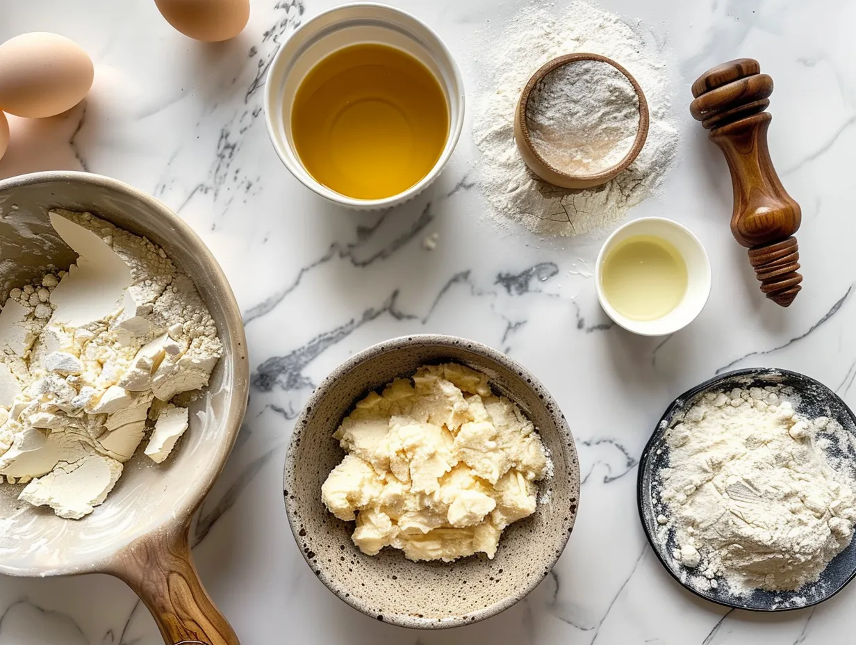 Ingredients for Kentucky Sawdust Pie including pie crust, sugar, butter, eggs, vanilla, salt, pecans and flour