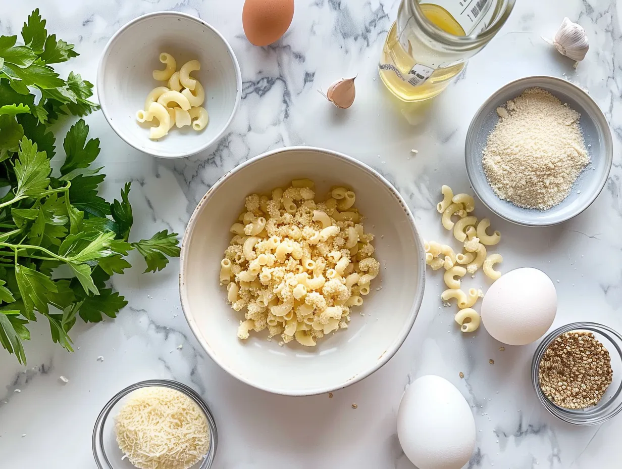 Ingredients for making baked mac and cheese including macaroni, butter, flour, milk, cheddar cheese, Gruyere cheese, salt, pepper, paprika, and breadcrumbs