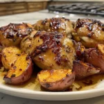Maple-Glazed Chicken with Sweet Potatoes on a rustic wooden table
