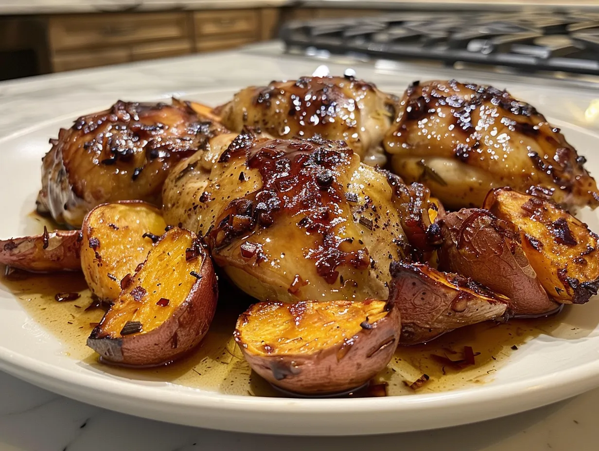 Maple-Glazed Chicken with Sweet Potatoes on a rustic wooden table