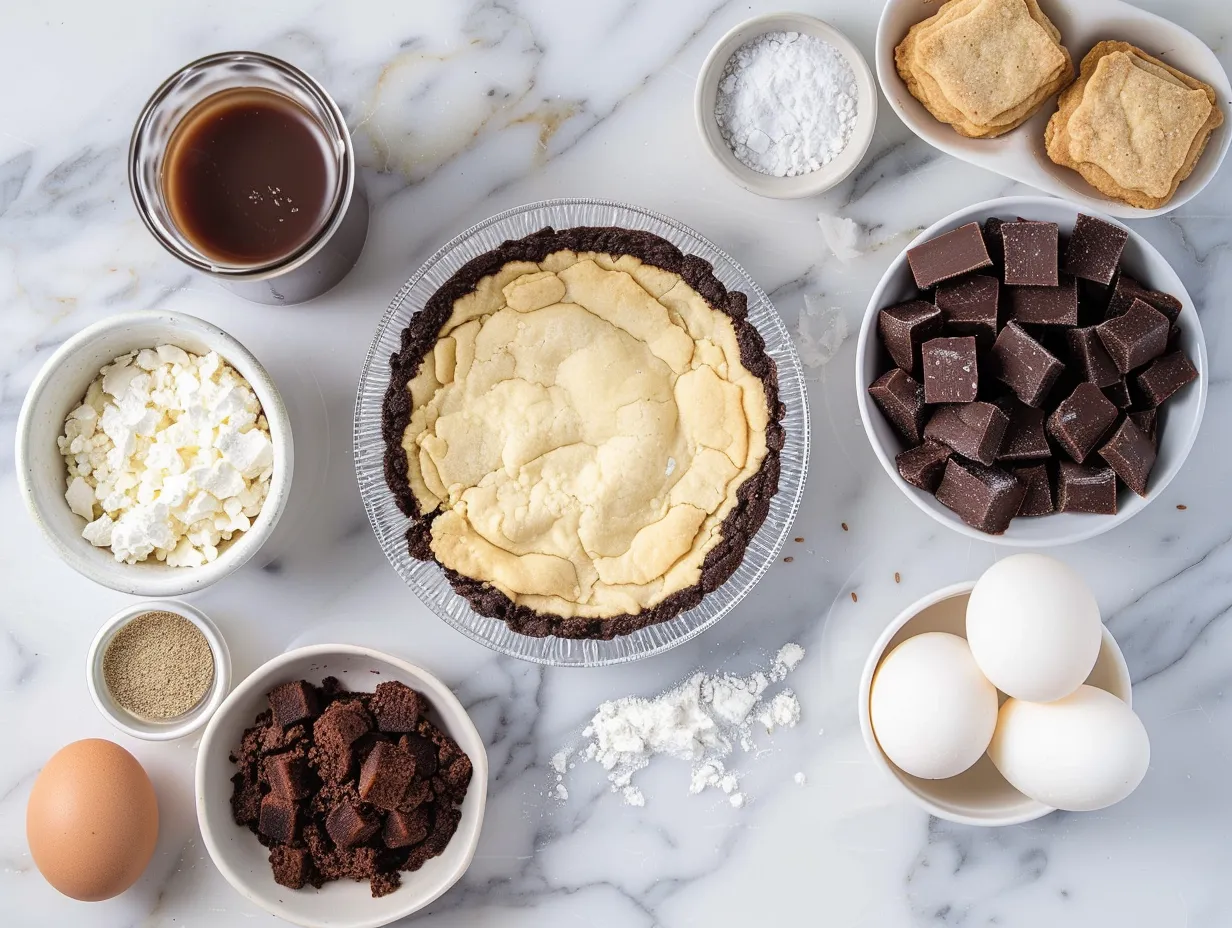 Raw ingredients for making Mississippi Mud Pie including chocolate wafers, butter, eggs, and chocolate.