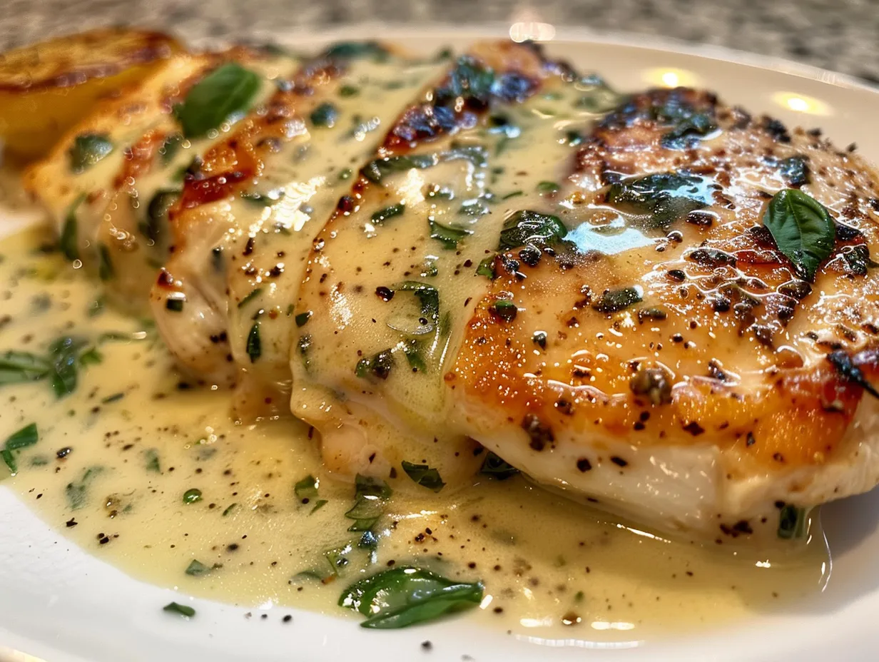 Mozzarella Chicken in Basil Cream Sauce plated on a white plate, showcasing the creamy sauce and melted cheese.